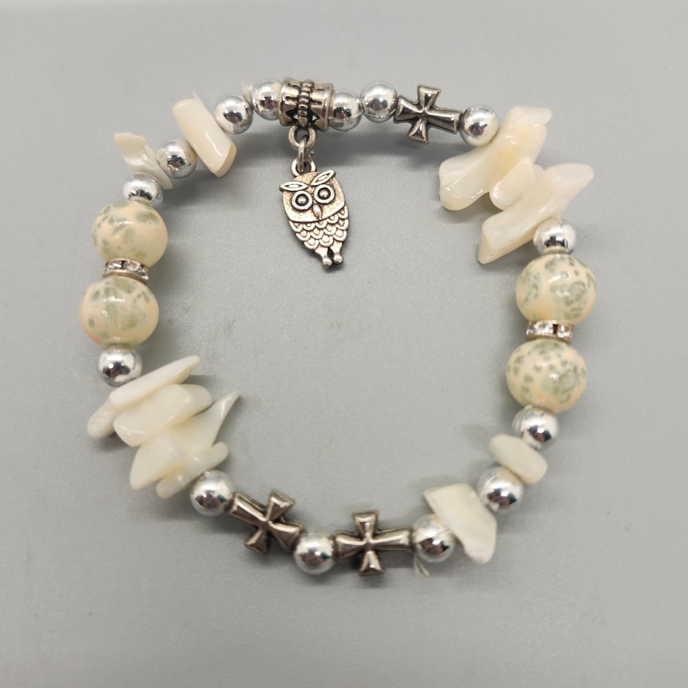 Cross Multi Bead Stretch Silver Tone Owl Dangle Charm Inspirational Bracelet
